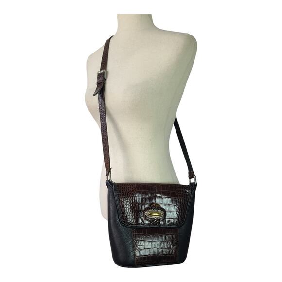 Brighton Black Brown Leather Reptile Embossed Crossbody Vintage Bag Purse - Picture 2 of 5